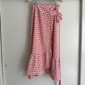 Hill House Pink and White Ruffled Wrap Midi Skirt